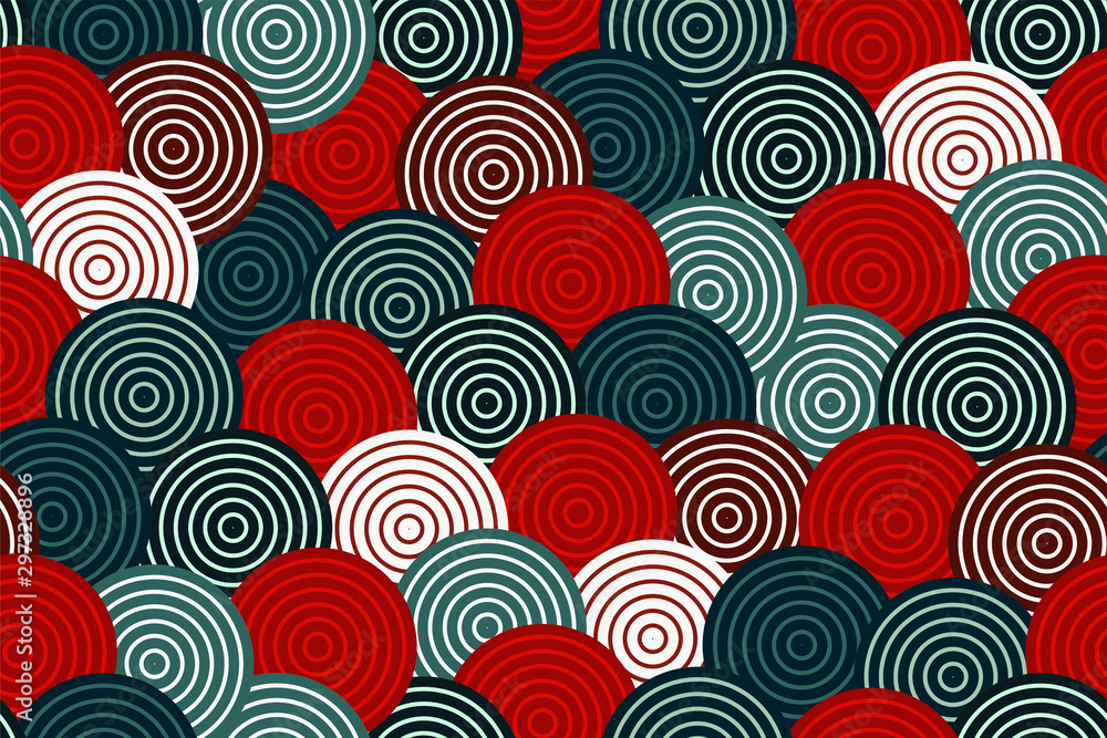 Fototapeta premium Colorful seamless geometric pattern with red, dark green, white circles. Christmas background with repeating lollipops, Christmas concept, in the style of a traditional Oriental pattern. Vector.