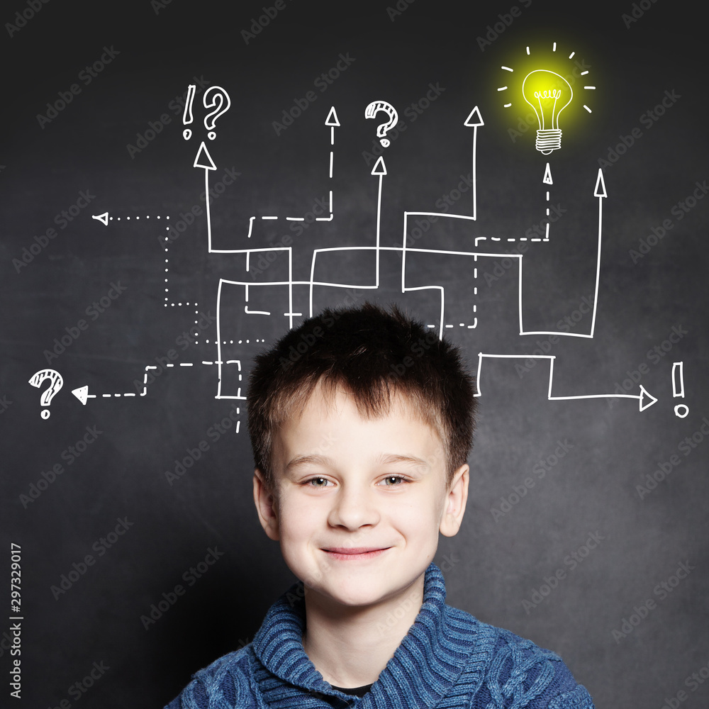 Smiling boy with question signs and light idea bulb, education concept Smiling boy with question signs and light idea bulb, education concept
