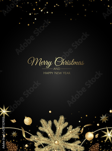 Christmas greeting card with Christmas Tree Decorations, Pine Branches, balls,stars and snow.