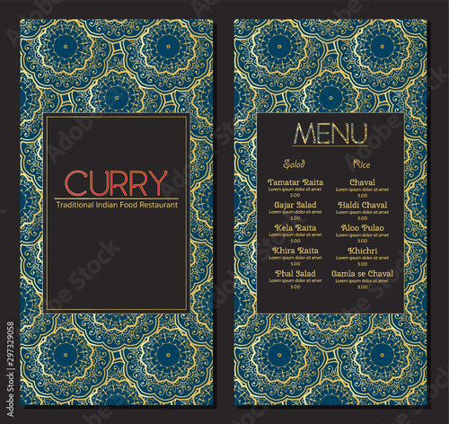 Card, invitation or menu in Indian style with the mandala. Luxury lace hand-drawn highly detailed round element. Henna ornament. Vintage floral background. Islam, Arabic, Indian, ottoman motifs.