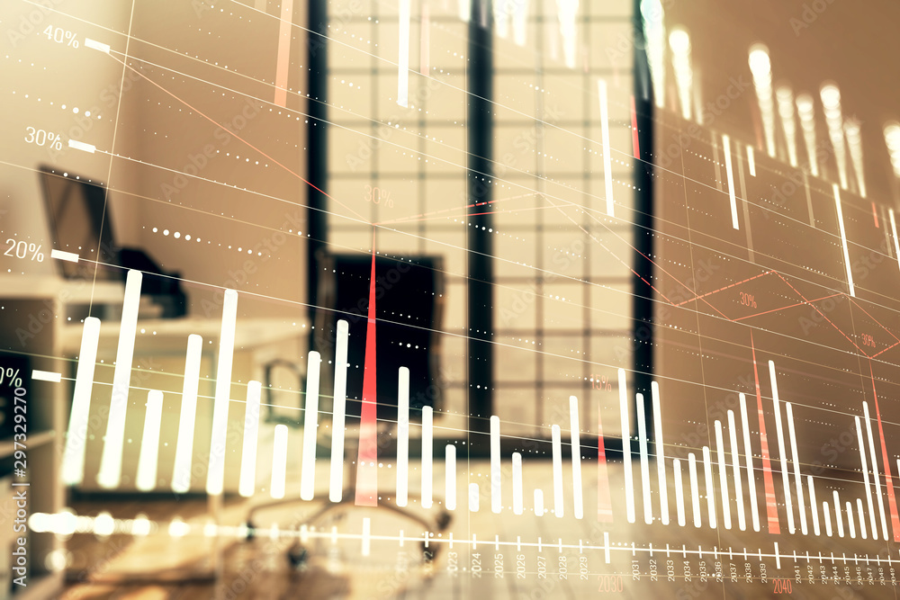 Forex chart hologram with minimalistic cabinet interior background. Double exposure. Stock market concept. Forex chart hologram with minimalistic cabinet interior background. Double exposure. Stock market concept.