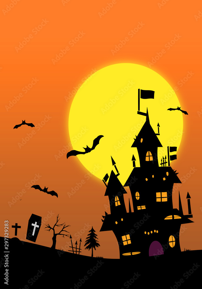 Halloween background material. Castle, bats and grave. ハロウィンの背景素材.  城、コウモリ、墓。