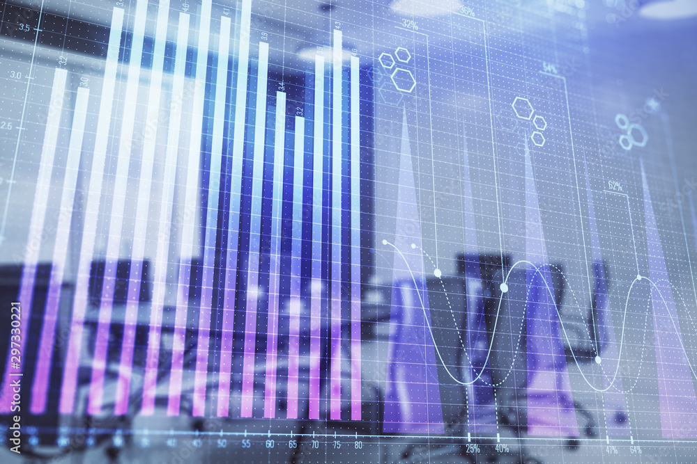 Double exposure of forex chart on conference room background. Concept of stock market analysis Double exposure of forex chart on conference room background. Concept of stock market analysis