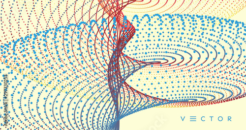 Sound waves. Big data visualization. Array with dynamic particles. Abstract grid design. 3d vector illustration for science or technology.