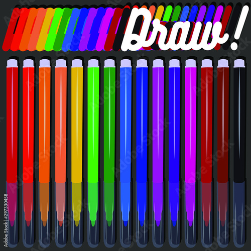 Set of fifteen markers with basic colors for drawing and painting. For sale and advertising markers and drawing them. Felt-tipped pen for courses on drawing. Set of markers with a cap for children.