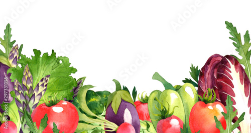 Watercolor vegetables frame with radicchio, arugula, asparagus, pepper, eggplant, tomato, lettuce, broccoli, radish, basil and parsley