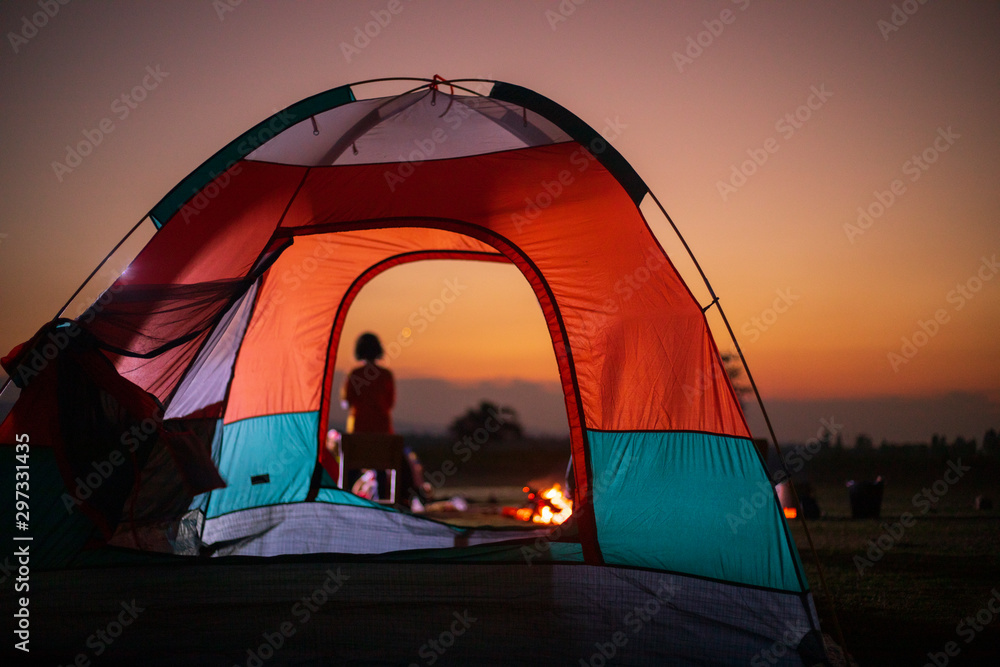 Camping tent,Sunrise inside a Tent,Campfire, nature tourism