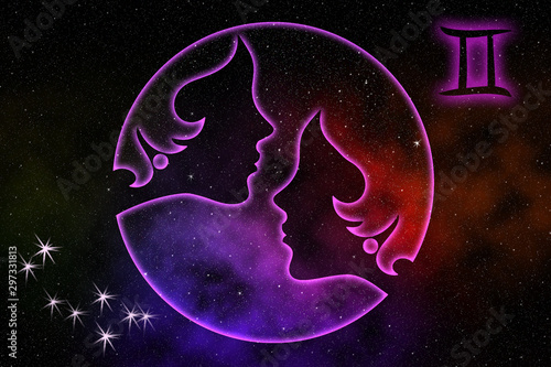 The astrological sign of the zodiac is Gemini, against the background of outer space. Illustration.