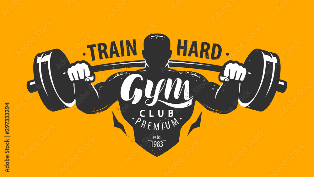 Gym club logo or emblem. Bodybuilding, fitness concept. Lettering vector illustration - obrazy, fototapety, plakaty 