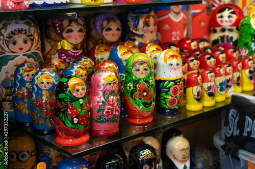Colorful Russian nesting dolls at the market.