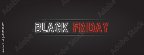 Black Friday sale. Black Friday neon sign on brick wall background. Glowing white and red neon text for advertising and promotion. Banner and background, brochure and flyer design concept