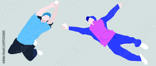 Fielders catching a ball in the air in a cricket match