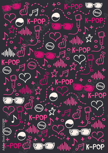 K Pop hand draw doodle background. Korean music style.