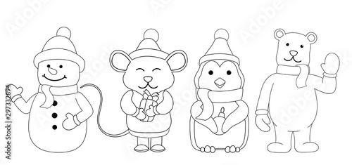Christmas coloring Polar bear snowman mouse with a paddock and penguin. isolated on white background vector
