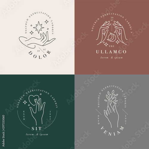 Vector design linear template logos or emblems - hands in in different gestures. Abstract symbol for cosmetics and packaging or beauty products.