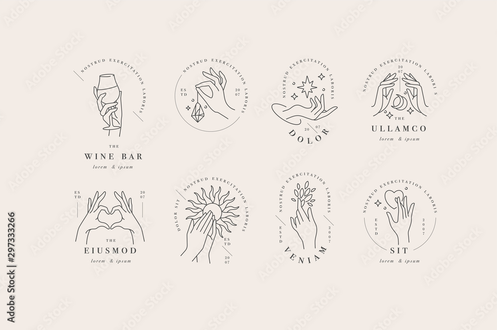 Vector design linear template logos or emblems - hands in in different gestures. Abstract symbol for cosmetics and packaging or beauty products. - obrazy, fototapety, plakaty 