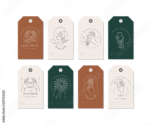 Vector design linear template logos or emblems - hands in in different gestures depicted on tags. Abstract symbol for cosmetics and packaging or beauty products.