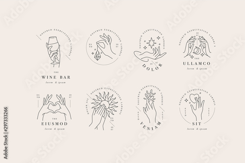 Vector design linear template logos or emblems - hands in in different gestures. Abstract symbol for cosmetics and packaging or beauty products.