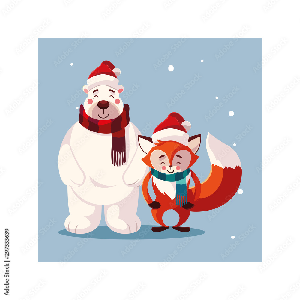 polar bear and fox with hat in winter landscape polar bear and fox with hat in winter landscape