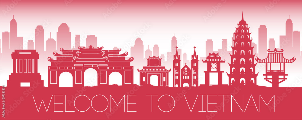 Vietnam famous landmark red silhouette design