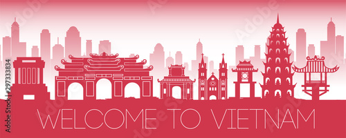 Vietnam famous landmark red silhouette design