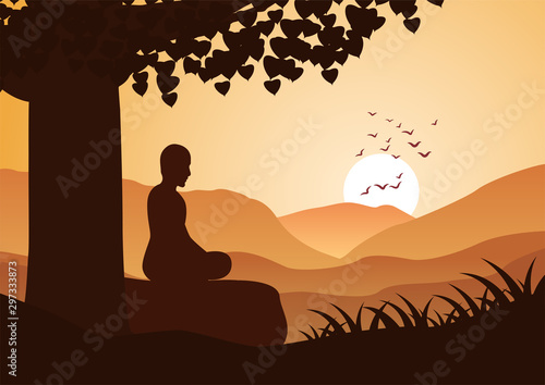 monk meditation sit on mountain face  to sun with calm