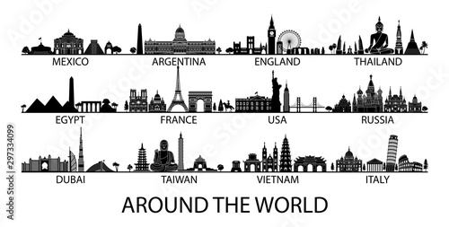 famous landmark of country in Asia Europe and America silhouette style with black and white classic color design include by country name
