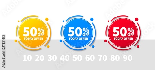 Sale tags set vector badges template, up to 10, 20, 30, 40, 50, 60, 70, 80, 90 percent off. Templates ready for use in advertising design, web and print design. Trendy banners of yellow, blue, red.