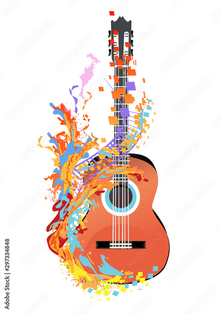 Fototapeta premium Plakat abstrakcyjny z instrumentami muzycznymi ozdobiony kolorowymi plamami. Ręcznie rysowane ilustracji wektorowych.