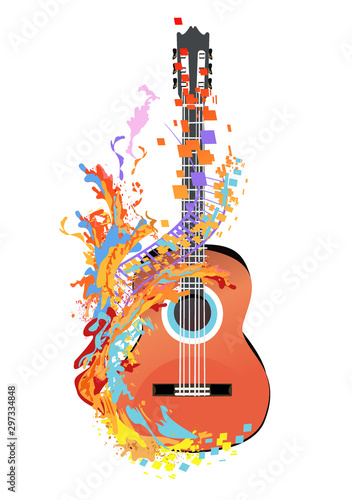 Abstract poster with musical  instruments decorated with colorful splashes. Hand drawn vector illustration.