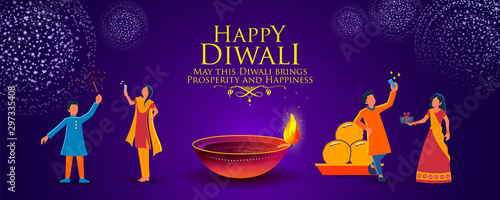 illustration of Indian people celebrating on Happy Diwali Hindu Holiday background for light festival of India