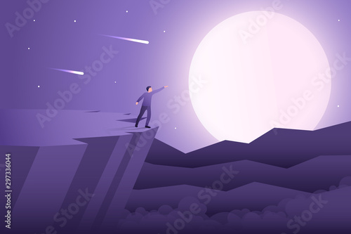 Vector abstract illustration. The guy on the rock reaches for the moon. Creative idea: achieve goals, reach for dreams. Flat cartoon design. Night panoramic landscape. Purple color. Mountain and fog