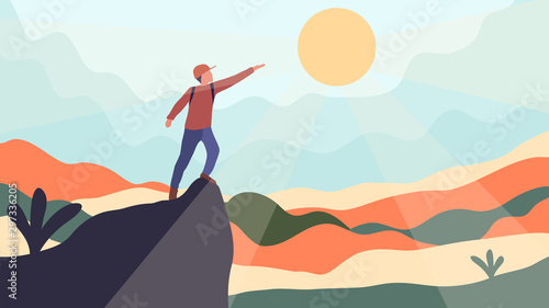 Vector abstract illustration. The guy on the rock reaches for the sun. Creative idea: achieve goals, reach for dreams. Flat cartoon design. Concept of discovery, exploration, hiking and travel.