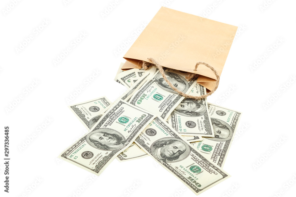 Banknotes money dollars in the bag on white background. Banknotes money dollars in the bag on white background.
