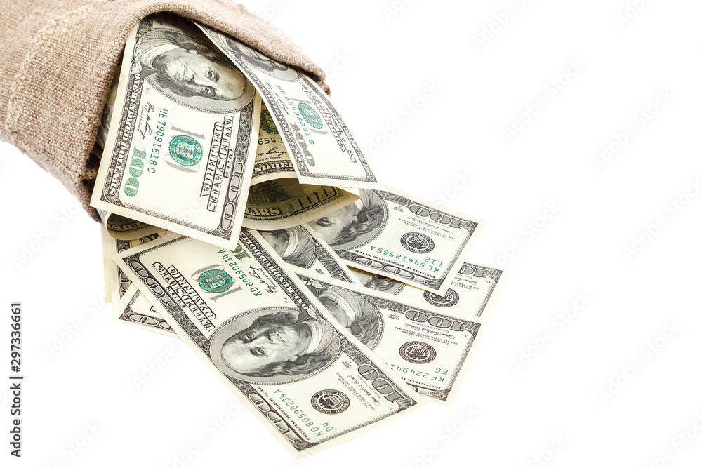 Banknotes money dollars in the bag on white background. Banknotes money dollars in the bag on white background.