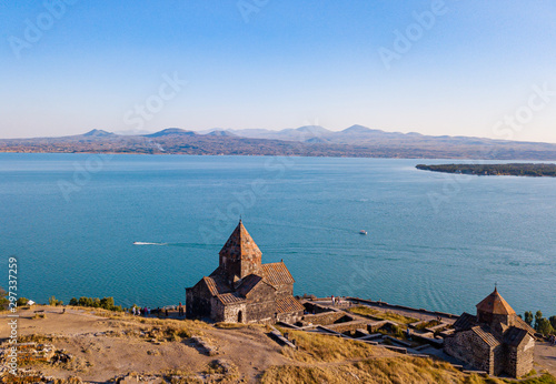 Cuadro en lienzo Sevanavank monastery and Sevan lake from aerial view