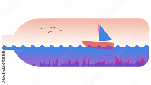 Vector illustration of boat swinging on the waves inside the bottle
