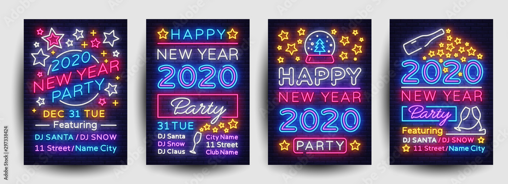 Happy New Year 2020 Party Poster collection neon vector. New Year 2020 celebration design invintation template, Christmas celebration bright neon brochure, typography invitation. Vector - obrazy, fototapety, plakaty 