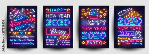 Happy New Year 2020 Party Poster collection neon vector. New Year 2020 celebration design invintation template, Christmas celebration bright neon brochure, typography invitation. Vector