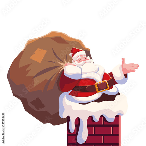 santa claus entering the chimney on white background