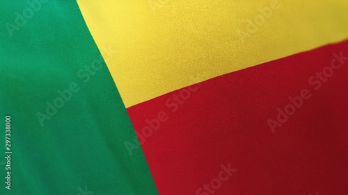 locked full-screen close shot of the national flag of the Republic of Benin seamlessly waving in the wind. The banner/emblem is made of realistic satin texture and rendered in a daylight situation.  photo