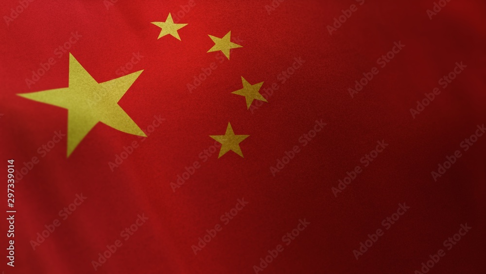 locked full-screen close shot of the national flag of The People's Republic of China waving in the wind. The 3D rendering banner/emblem is made of realistic satin texture and rendered in a daylight si locked full-screen close shot of the national flag of The People's Republic of China waving in the wind. The 3D rendering banner/emblem is made of realistic satin texture and rendered in a daylight si