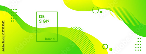 Green liquid banner template. Vector abstract background with green gradient fluid waves, organic shapes, text. Trendy banner for social media promotion