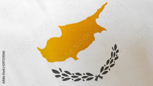 locked full-screen close shot of the national flag of Cyprus waving in the wind. The 3D rendering banner/emblem is made of realistic satin texture and rendered in a daylight situation.  photo