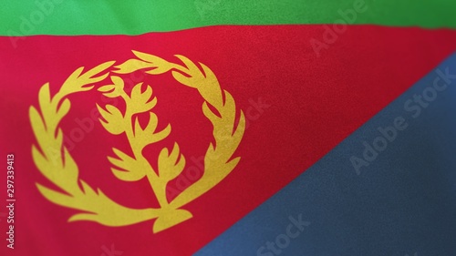 3D rendering of the national flag of Eritrea waving in the wind. The banner/emblem is made of realistic satin texture and rendered in a daylight situation.  photo