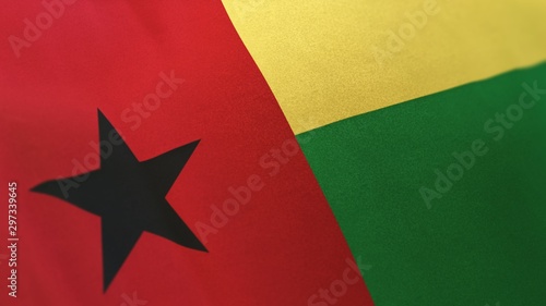 3D rendering of the national flag of Guinea-Bissau waving in the wind. The  banner/emblem is made of realistic satin texture and rendered in a daylight situation.  photo