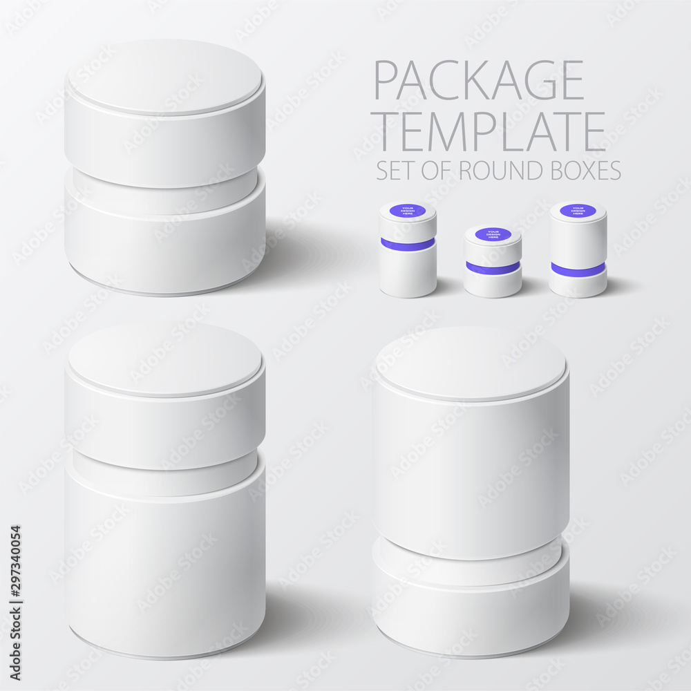 Set of realistic white round package box for products, isolated on white background, vector illustration. EPS 10 Set of realistic white round package box for products, isolated on white background, vector illustration. EPS 10