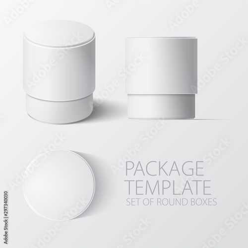 Set of realistic white round package box for products, isolated on white background, vector illustration. EPS 10