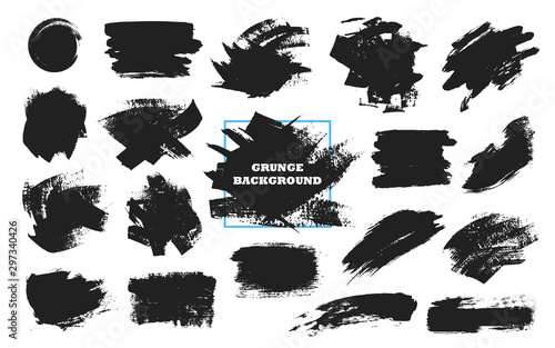 Set of black paint, ink brush strokes, brushes, lines. Dirty artistic design elements, boxes, frames for text