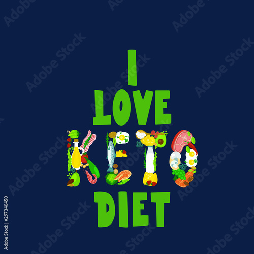 Keto diet or ketogenic food. Low carb and high fat food eating. Fish, nuts, egg, meat, avocado...  Quote, phrase, cartoon stylized lettering. Healthy nutrition isolated poster.